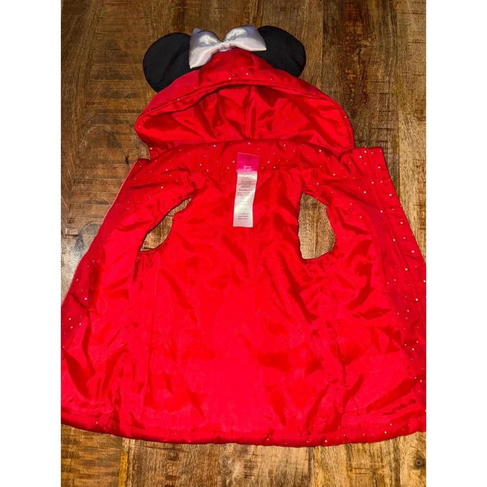 Disney Junior Minnie Mouse Red Glitter Polka Dot Hooded Puffer Vest 3T Ear Bow